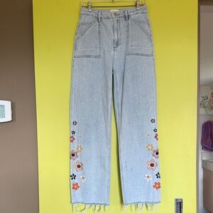 DRIFTWOOD High Rise Wide Leg Jeans with Floral Embroidery Size 28
